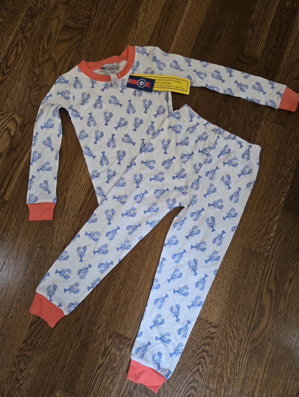 Nantucket Kids White Pajama Set with Blue Lobster Print and Coral Trim Size 5